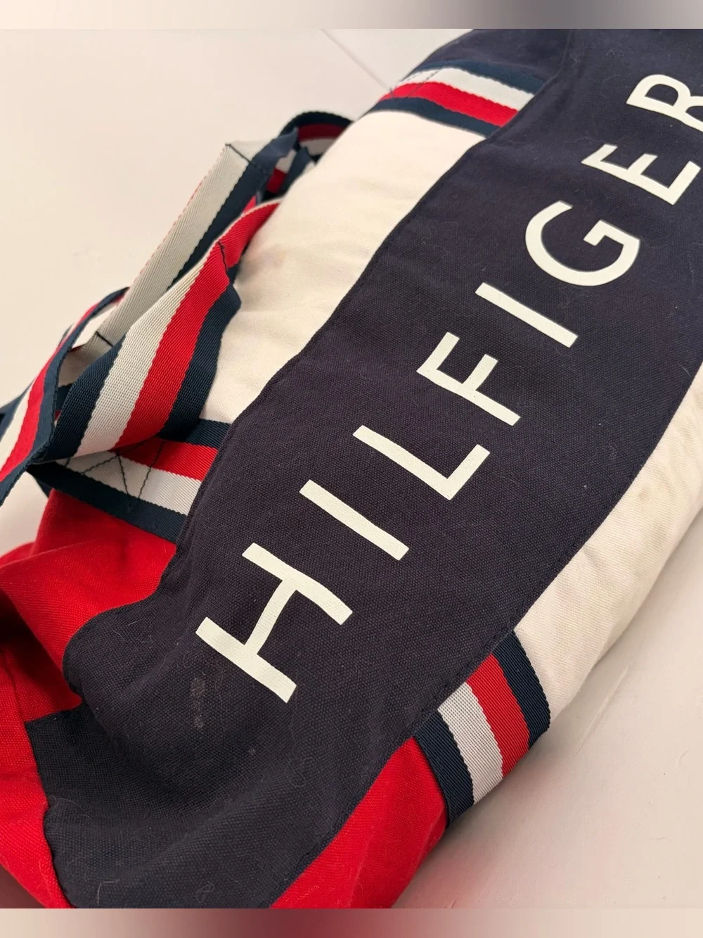 Tommy Hilfiger Red, Navy & White Canvas Duffel with Striped Handles